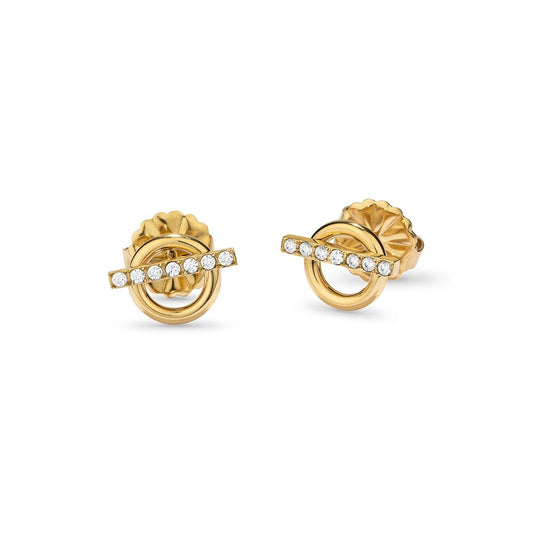 Gouden Radiant oorbellen met elegante cirkelvorm en sprankelende details.