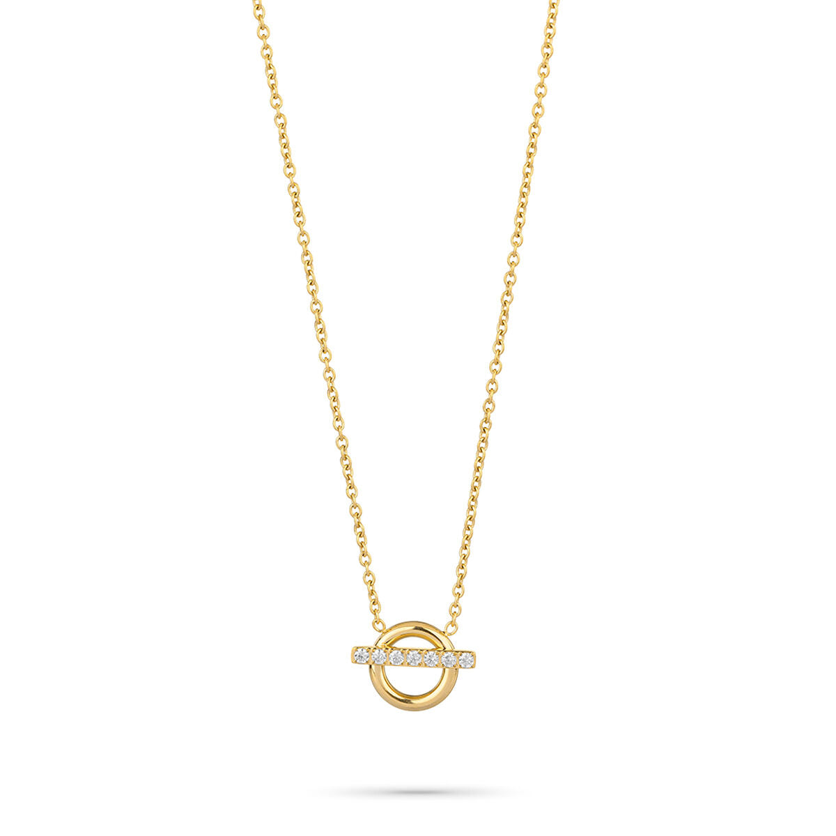 Detail van de gouden Radiant ketting met elegante cirkels en sprankelende stenen.