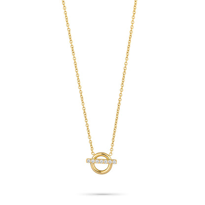 Detail van de gouden Radiant ketting met elegante cirkels en sprankelende stenen.