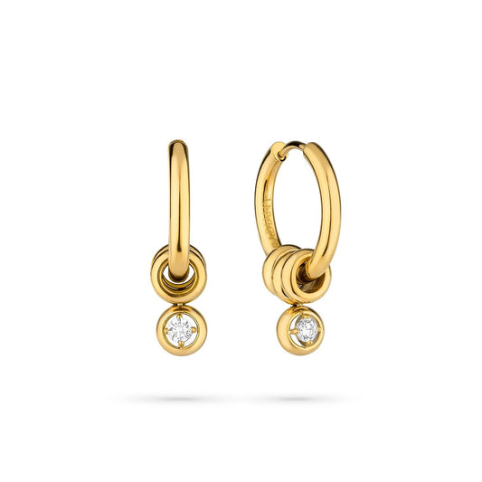 Gouden Radiant oorbellen met elegante hangers en sprankelende details.
