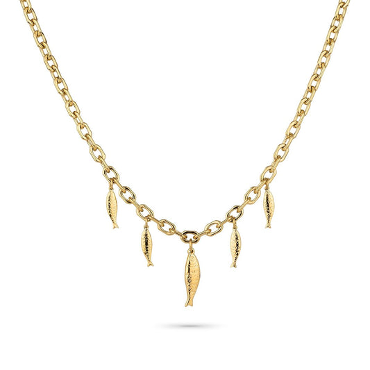 Gouden Radiant ketting met tijdloos design en hangende visvormige details.
