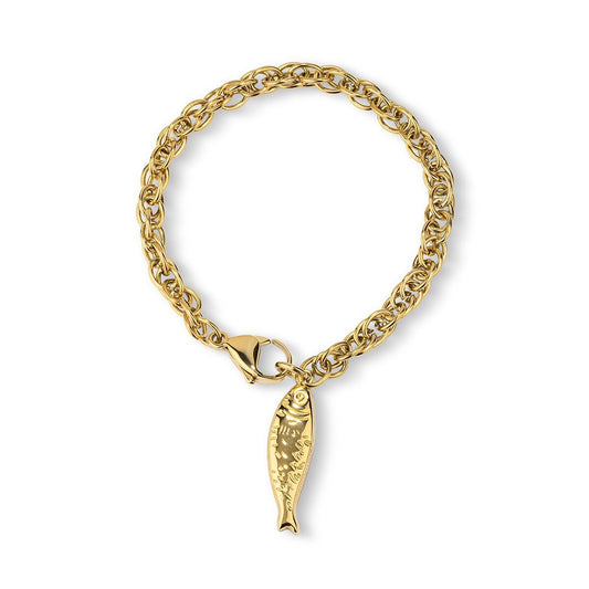 Stijlvolle gouden Radiant armband met een unieke visvormige hanger.