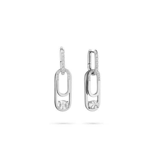 Zilverkleurige Radiant oorbellen met elegante schakels en sprankelende details.