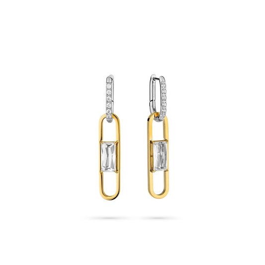 Gouden Radiant oorbellen met elegante hangende design en sprankelende stenen.