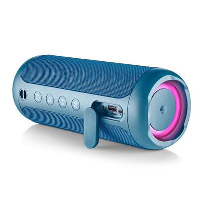 Detail van de blauwe NGS Roller Furia 2 luidspreker met bedieningselementen en USB-aansluiting.