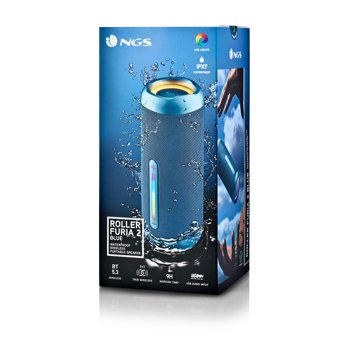 Detail van de NGS Roller Furia 2 Blue Bluetooth-luidspreker met waterdichte IPX7-certificering.