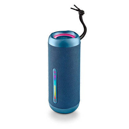 NGS Roller Furia 2 Blue Bluetooth-luidspreker in een zijaanzicht met kleurrijke bedieningselementen.