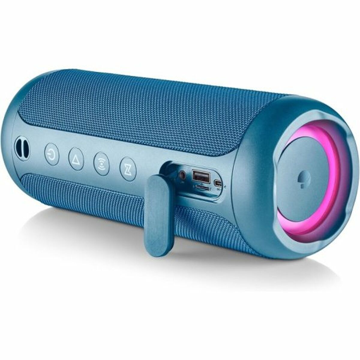 Zijaanzicht van de NGS Roller Furia 2 Blue met bedieningselementen en USB-aansluiting.