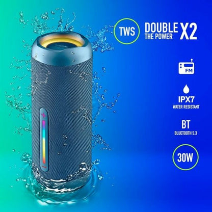 Zijaanzicht van de NGS Roller Furia 2 Blue luidspreker met waterdichte IPX7-certificering.