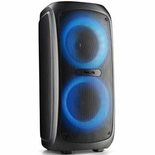 NGS WILDTEMPER 200W Bluetooth-luidspreker in zwart met blauwe verlichting aan de voorkant.