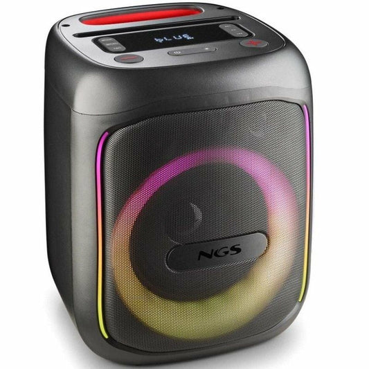 NGS Wild Swag Go draagbare Bluetooth-luidspreker in zwart met kleurrijke verlichting.