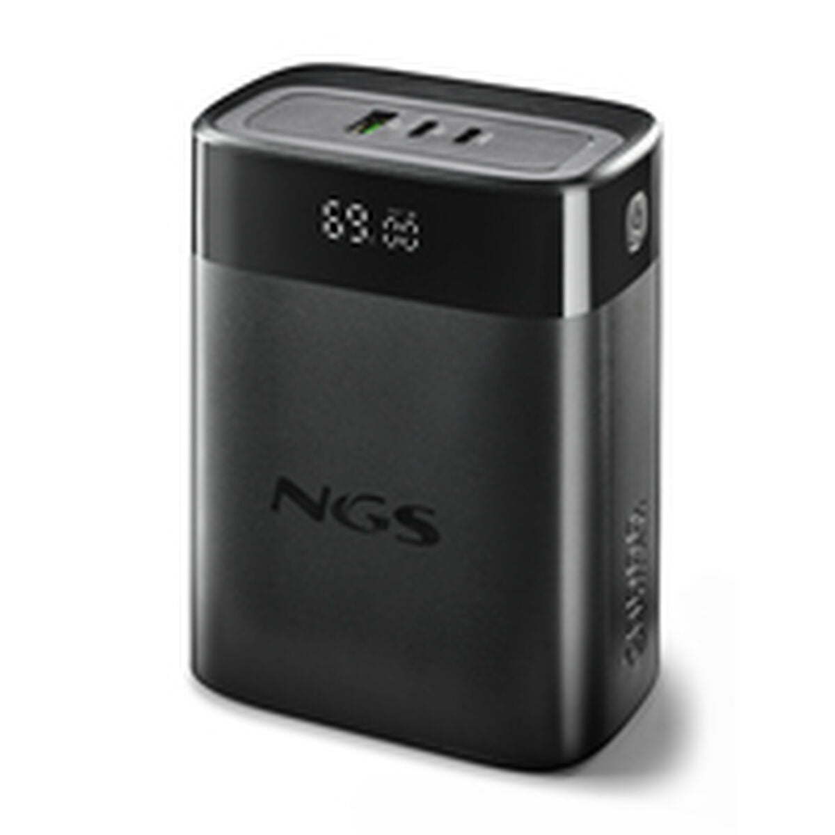 Zijaanzicht van de NGS TWIX30 powerbank in zwart met digitaal laadniveau-display.