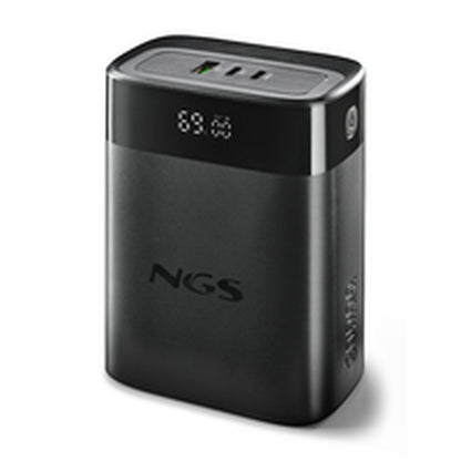 Zijaanzicht van de NGS TWIX30 powerbank in zwart met digitaal laadniveau-display.