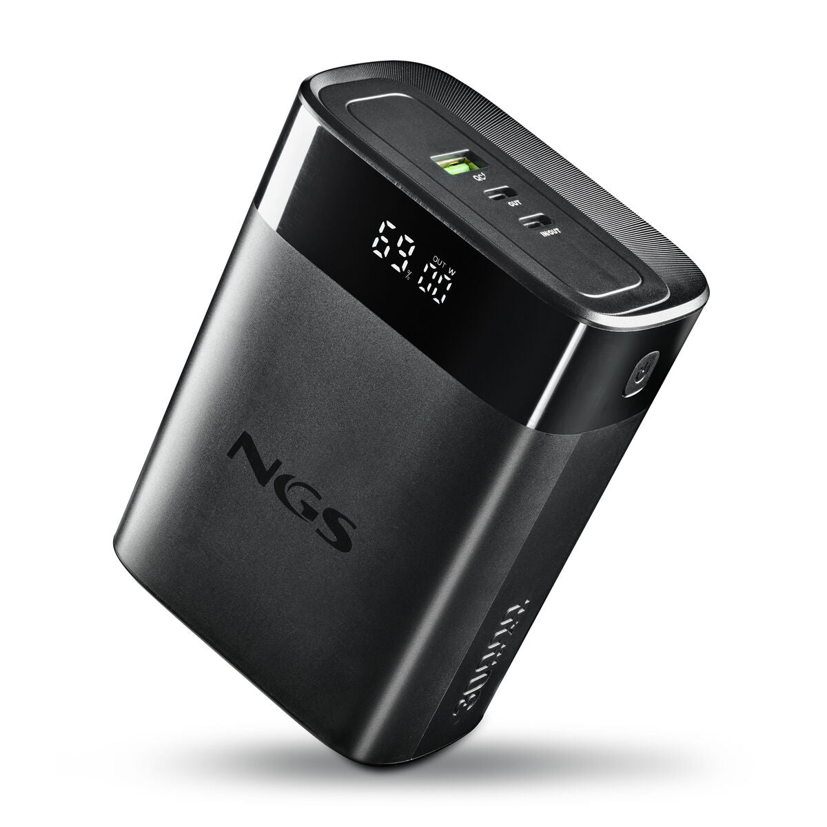 Zijaanzicht van de NGS TWIX30 powerbank in zwart met laadniveau display.