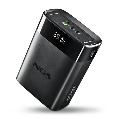 Zijaanzicht van de NGS TWIX30 powerbank in zwart met laadniveau display.