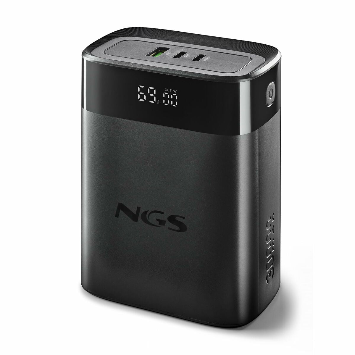 Zijaanzicht van de NGS TWIX30 powerbank in zwart met digitaal laadniveau-display.