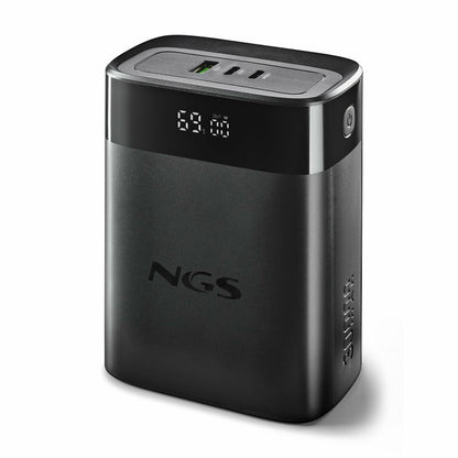 Zijaanzicht van de NGS TWIX30 powerbank in zwart met digitaal laadniveau-display.