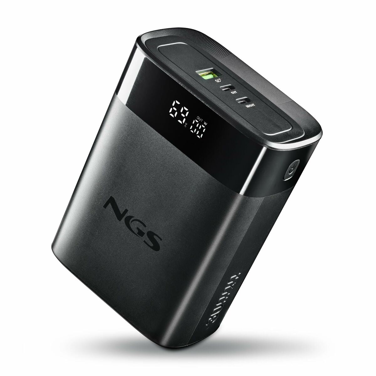Detail van de NGS TWIX30 powerbank in zwart, met ingebouwd display en laadniveaus.
