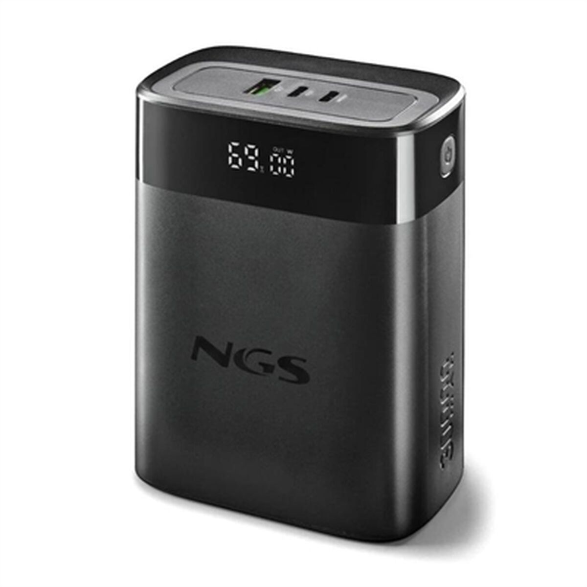 Detail van de NGS TWIX30 powerbank in zwart, met display en meerdere oplaadpoorten.