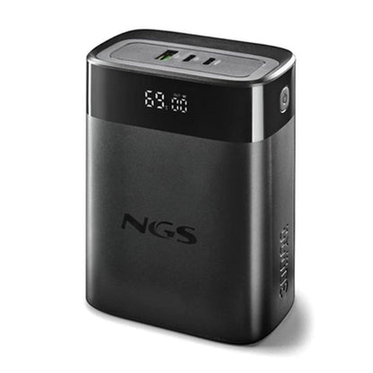 Detail van de NGS TWIX30 powerbank in zwart, met display en meerdere oplaadpoorten.