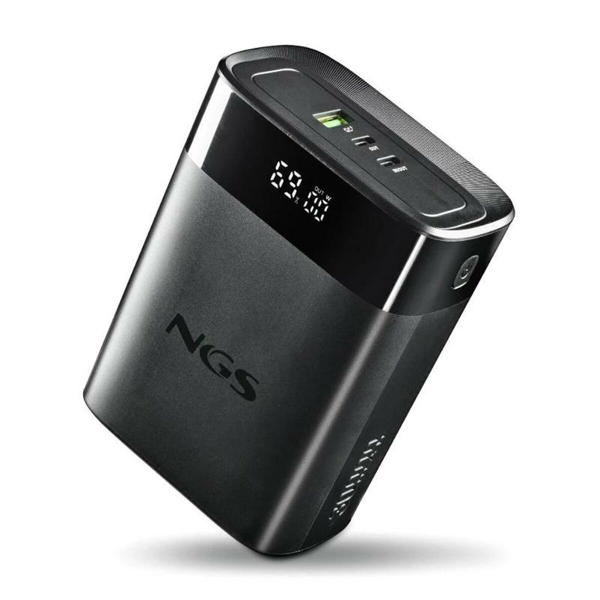 Zijaanzicht van de NGS TWIX30 powerbank in zwart met display en laadindicatoren.