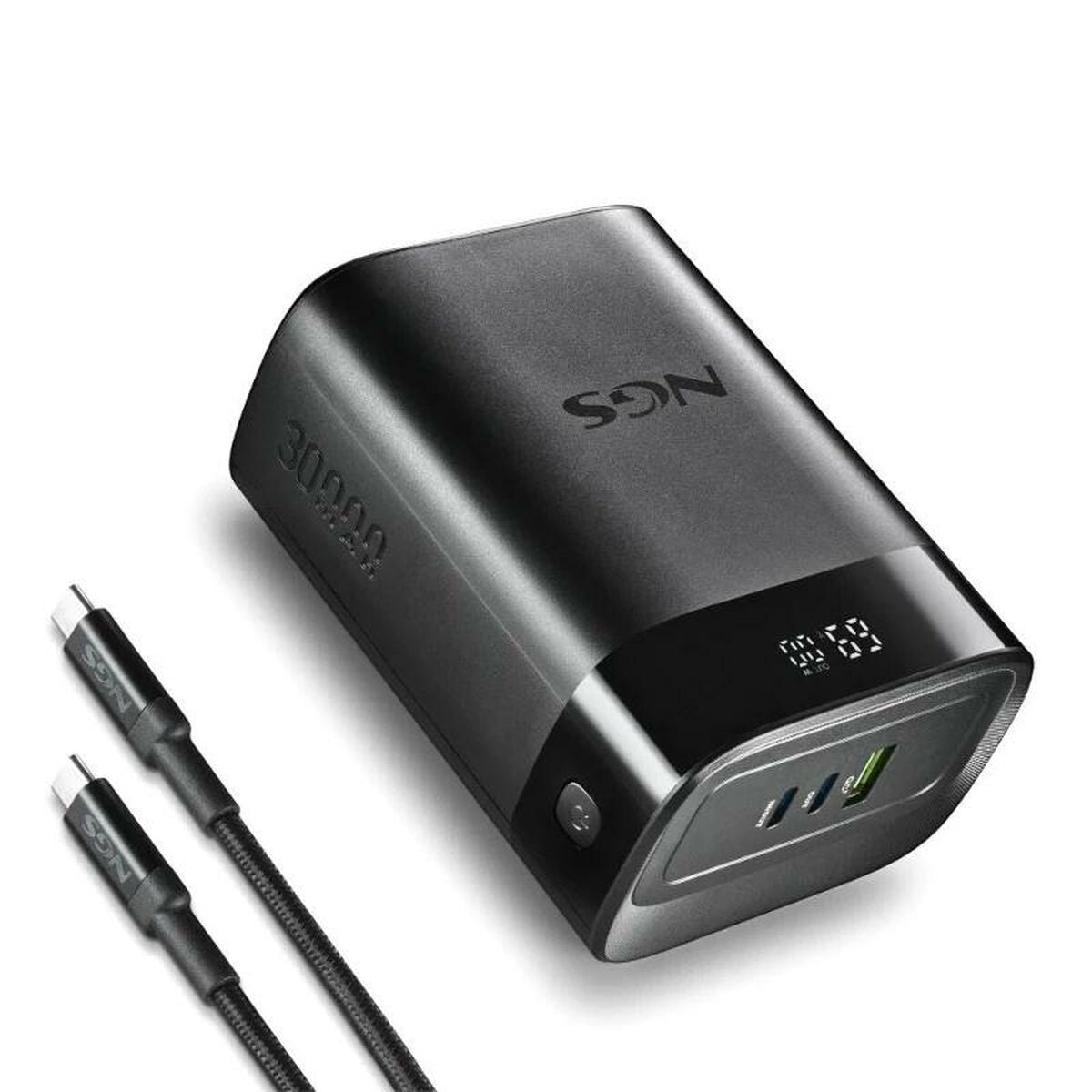 Detail van de zwarte NGS TWIX30 powerbank met display en oplaadkabel.