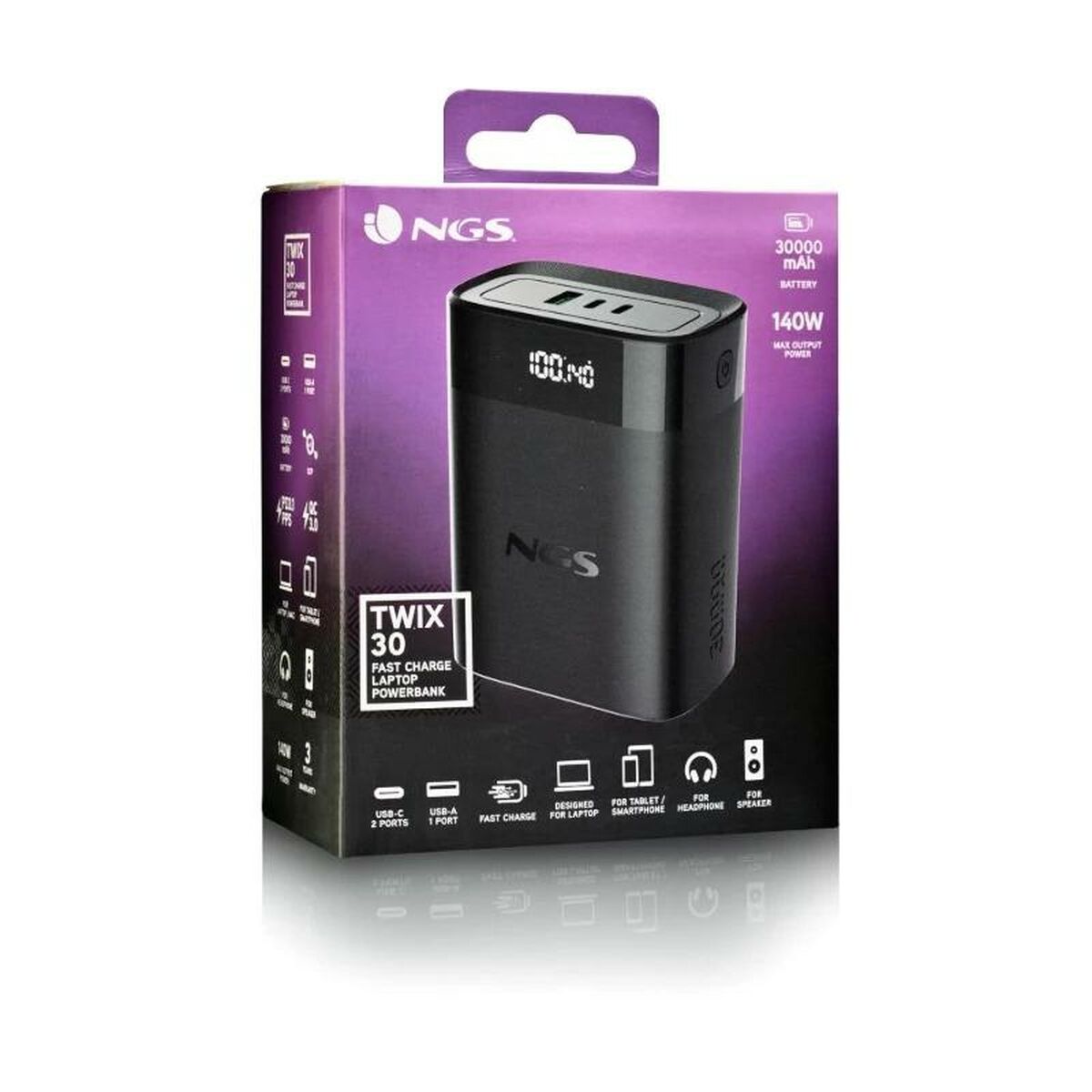 Zijaanzicht van de NGS TWIX30 powerbank in zwarte verpakking met display en specificaties.