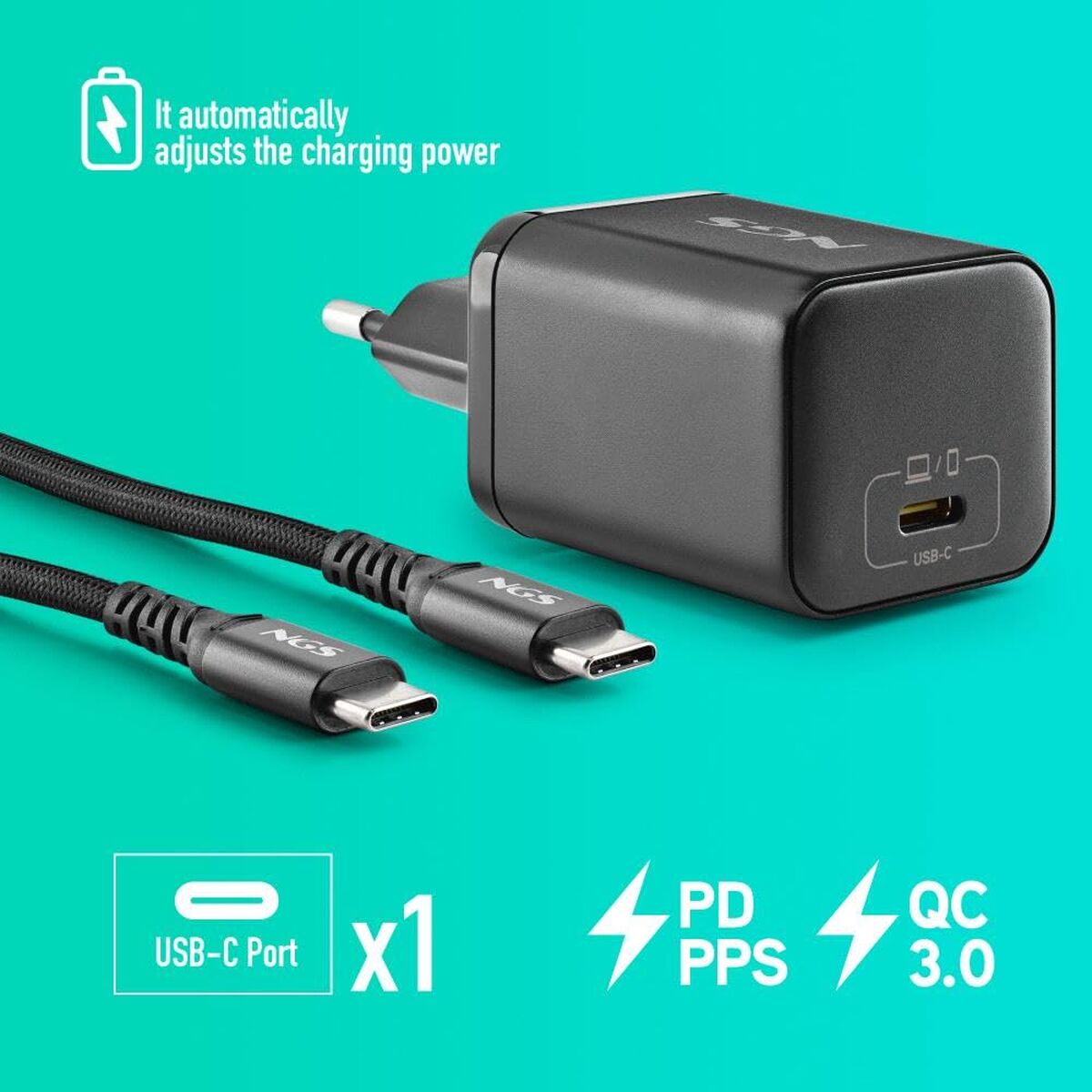 Detail van de NGS powerbank met USB-C poort en dubbele oplaadkabels.