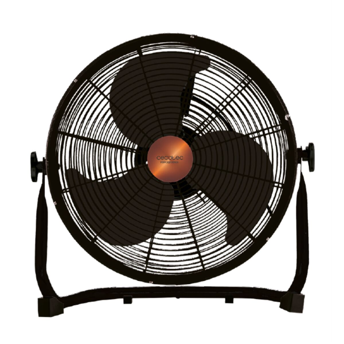 Zijaanzicht van de zwarte Cecotec vloerventilator met drie bladen en robuuste constructie.