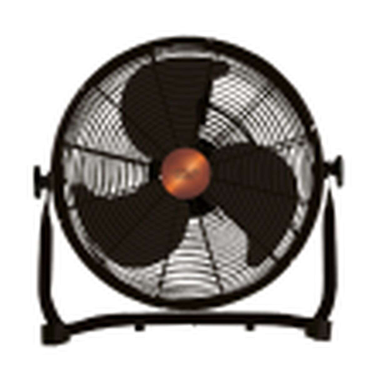 Zwarte Cecotec vloerventilator met drie bladen en robuuste motor, vooraanzicht.