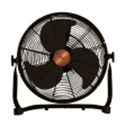 Zwarte Cecotec vloerventilator met drie bladen en robuuste motor, vooraanzicht.