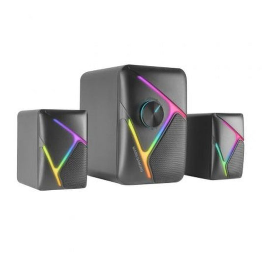Mars Gaming MSH21 Zwarte PC-luidsprekers met kleurrijke achtergrondverlichting en compact design.
