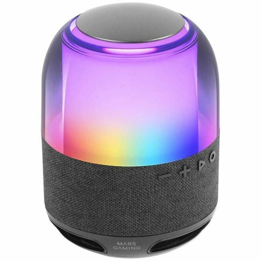 Mars Gaming MSFLOW luidspreker in zwart met kleurrijke RGB-verlichting en bedieningsknoppen.