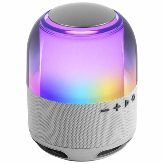 Mars Gaming MSFLOWW zilverkleurige Bluetooth luidspreker met kleurrijke verlichting en bedieningselementen.