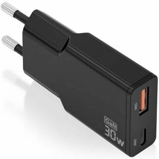 Aisens Oplader USB-C en USB-A in zwart, compact ontwerp met 30W vermogen.