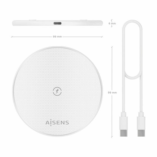Aisens draadloze oplader met elegant design, diameter van 99 mm en slank profiel van 6 mm.