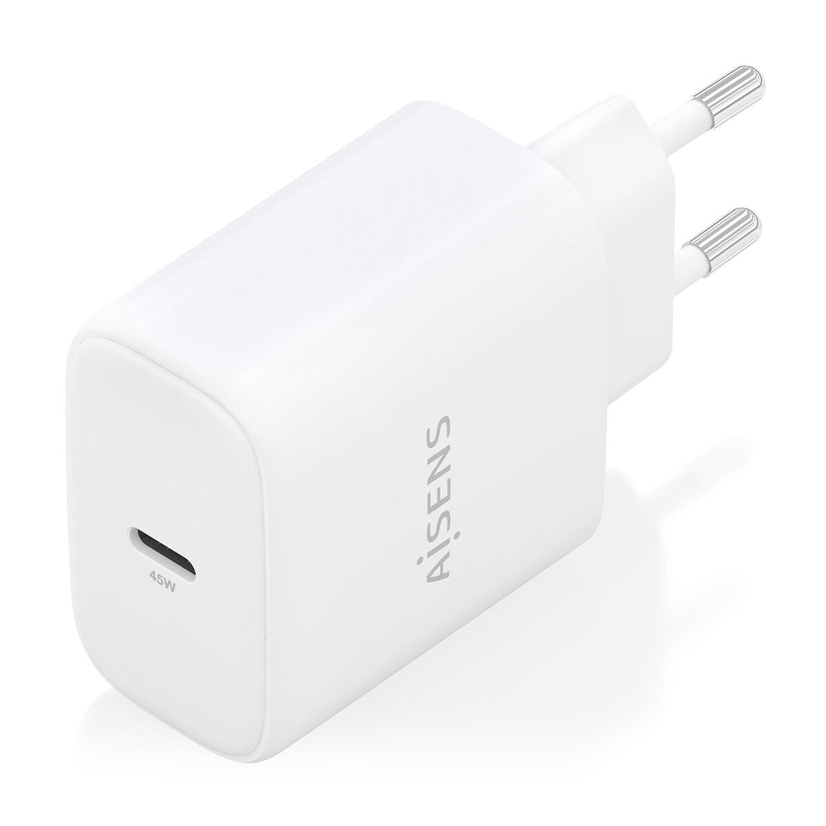 Zijaanzicht van de Aisens A110-0969 oplader in wit, met USB-C aansluiting.