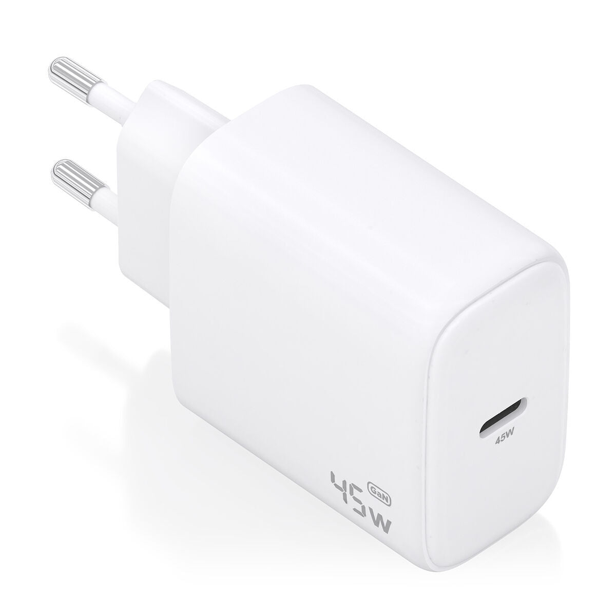 Zijaanzicht van de Aisens A110-0969 oplader in wit, met USB-C poort en compact ontwerp.