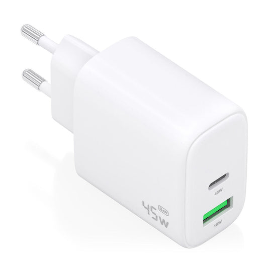 Aisens A110-0971 witte USB-C oplader van 45W, compact ontwerp met twee poorten.