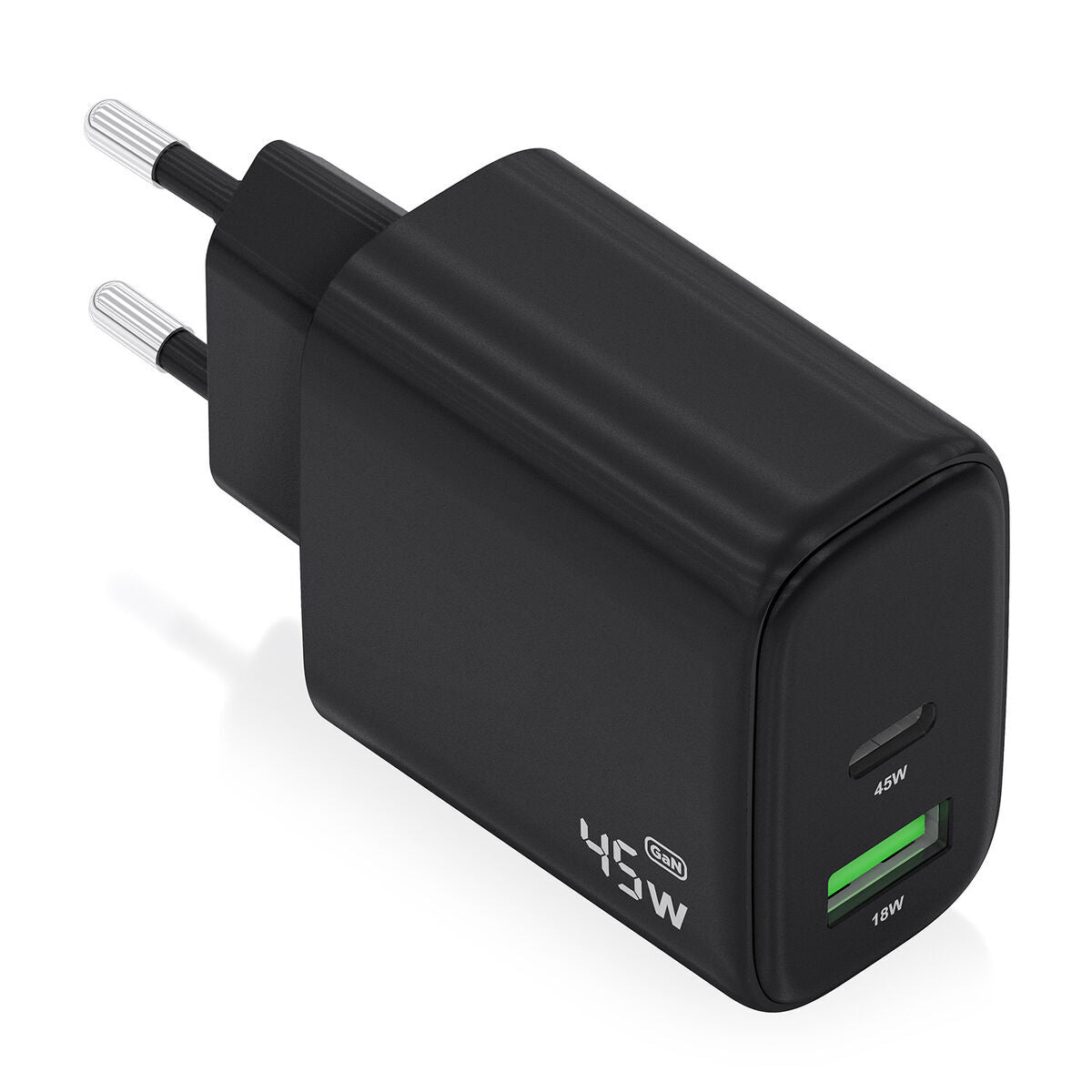 Aisens 45W USB-C oplader in zwart, compact ontwerp met twee poorten.
