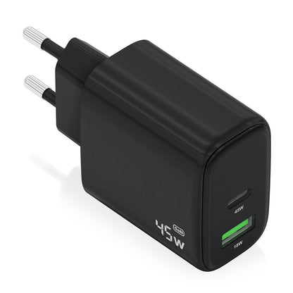 Aisens 45W USB-C oplader in zwart, compact ontwerp met twee poorten.