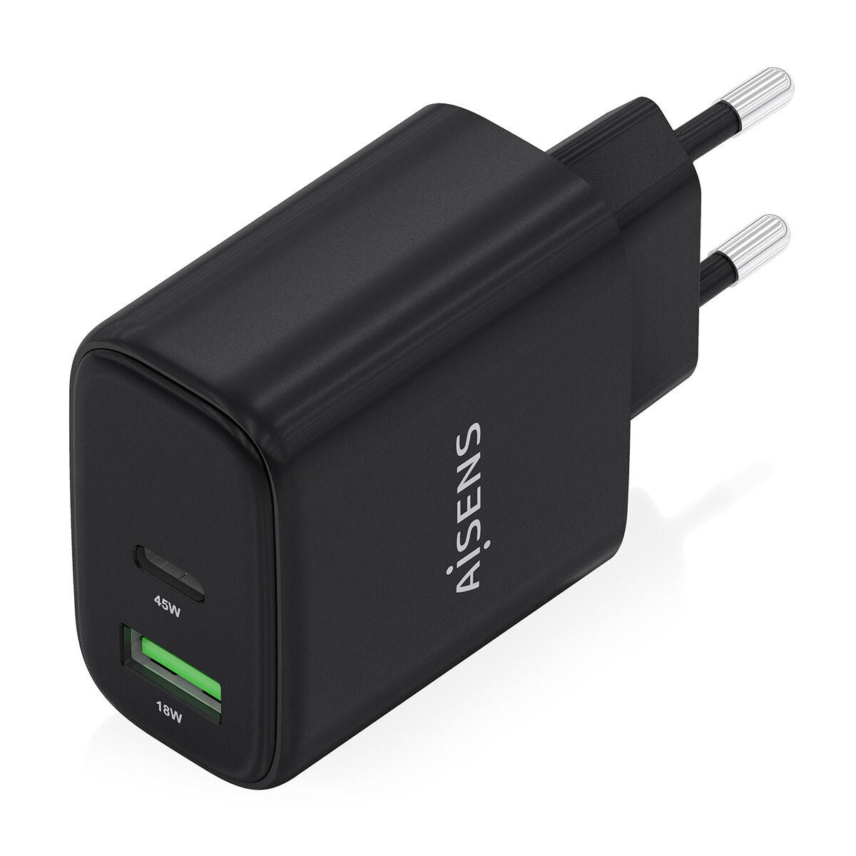 Zijaanzicht van de zwarte Aisens 45W USB-C oplader met twee poorten.