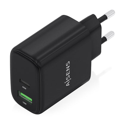 Zijaanzicht van de zwarte Aisens 45W USB-C oplader met twee poorten.
