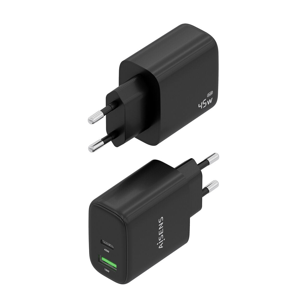 Zijaanzicht van de Aisens A110-0972 oplader in zwart met USB-C aansluiting.