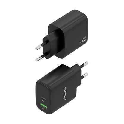 Zijaanzicht van de Aisens A110-0972 oplader in zwart met USB-C aansluiting.