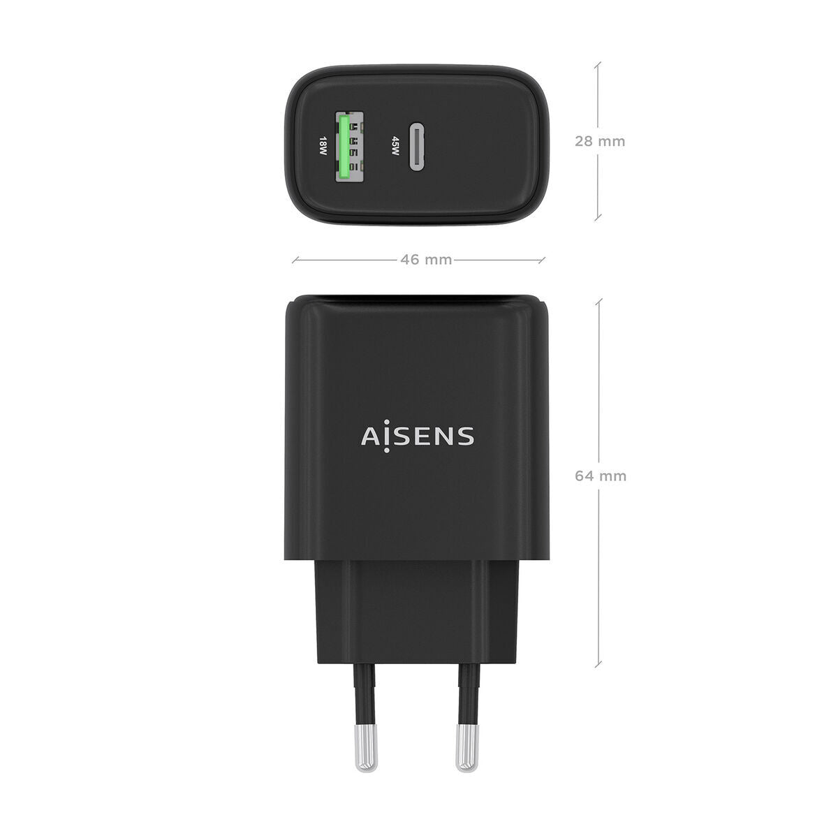 Detailweergave van de Aisens A110-0972 oplader in zwart, met USB-C poort en afmetingen.