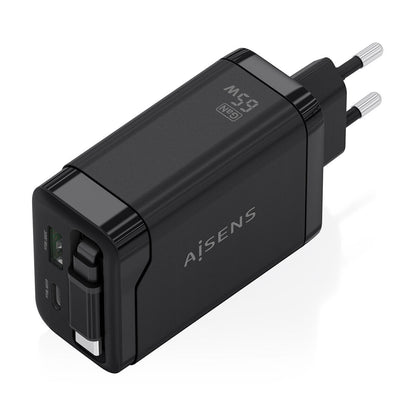 Aisens oplader 65W in zwart, compact en draagbaar ontwerp met meerdere poorten.