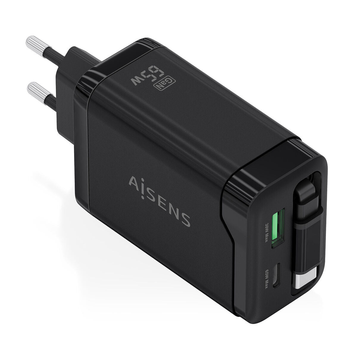 Zijaanzicht van de Aisens 65W oplader in zwart met USB-poorten.
