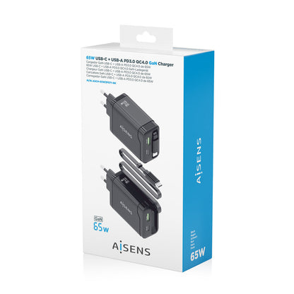 Zijaanzicht van de Aisens 65W oplader in zwarte verpakking met details en specificaties.