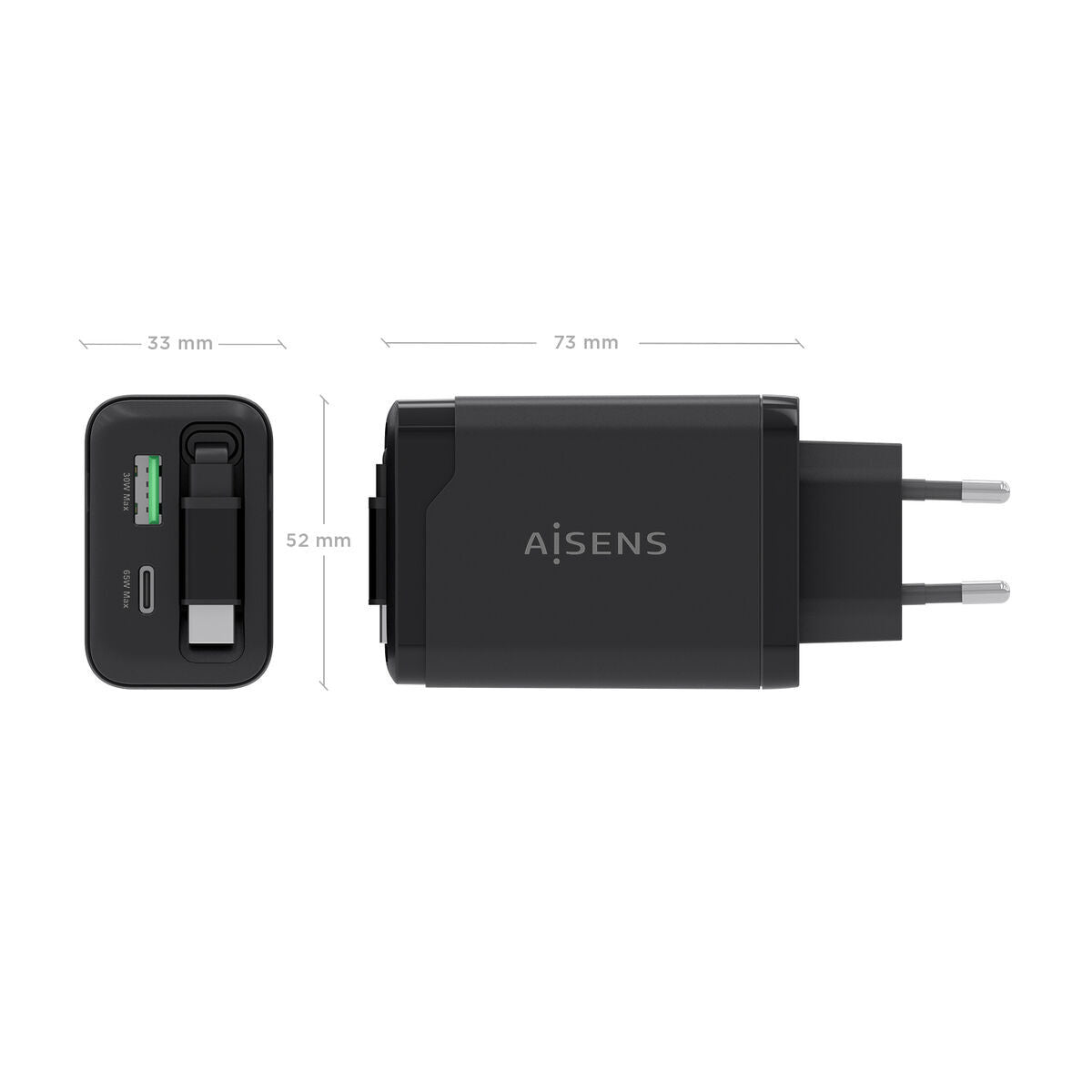 Zijaanzicht van de Aisens 65W oplader in zwart met afmetingen en poorten.
